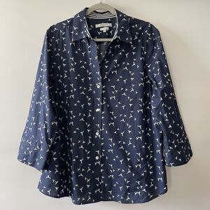 Foxcroft NYC Button Front Bird Print Collared Shirt Blue White Size XL-dmpv